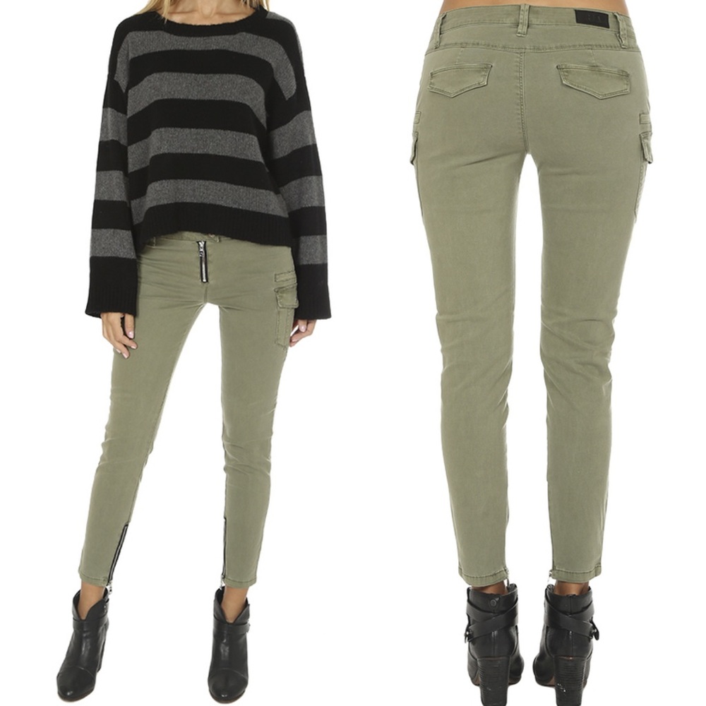 RTA Skinny Cargo Pants Army Green Women Size 30/10 Side Hem Zippers